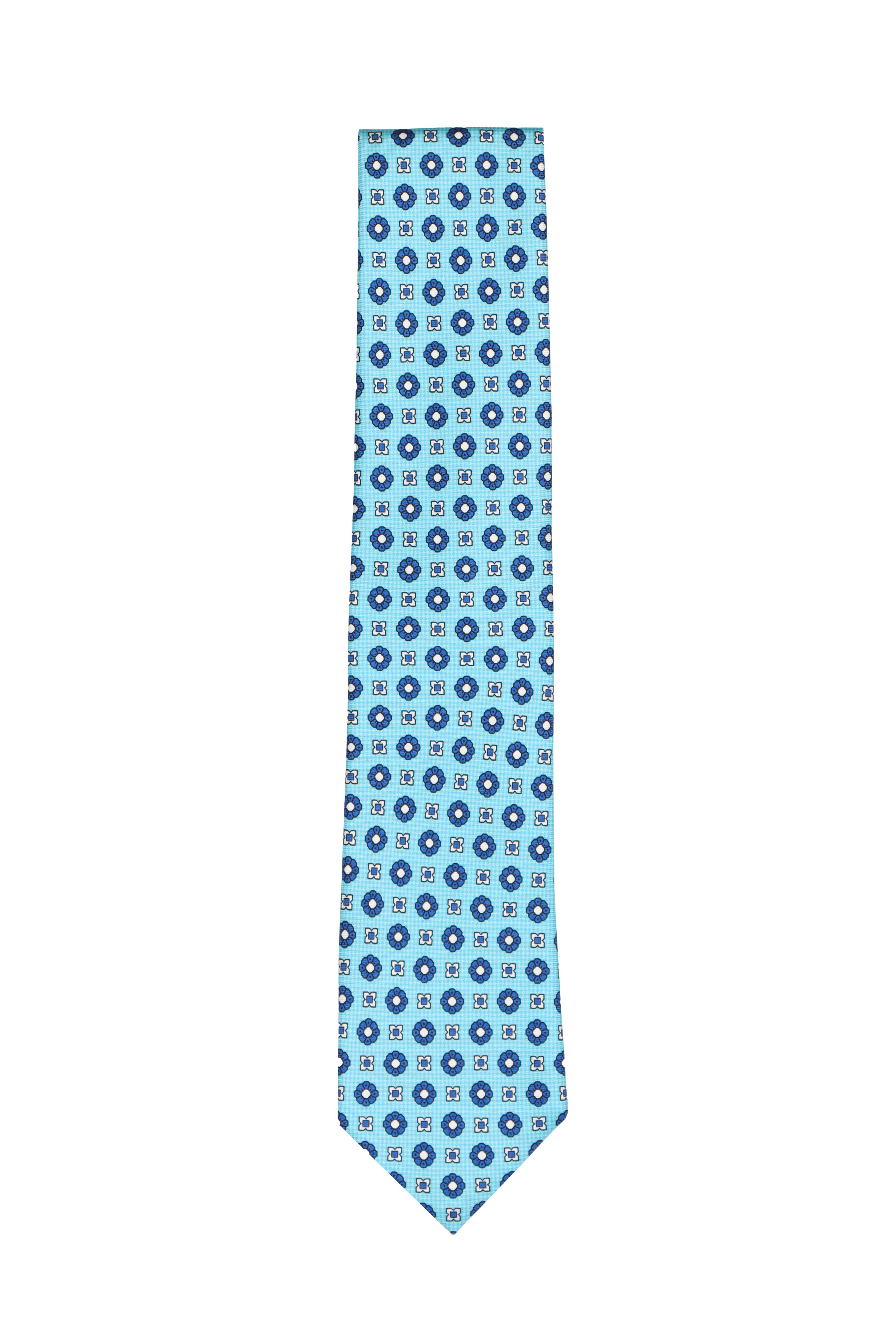 Cesare Attolini - Turquoise Silk Geometric Necktie