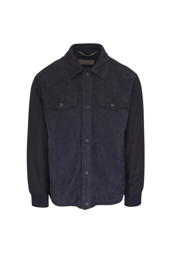 Canali Solid Navy Leather Jacket - view 1
