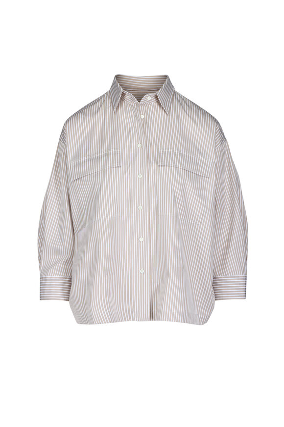Brunello Cucinelli Beige & White Stripe Cotton Patch Pocket Blouse