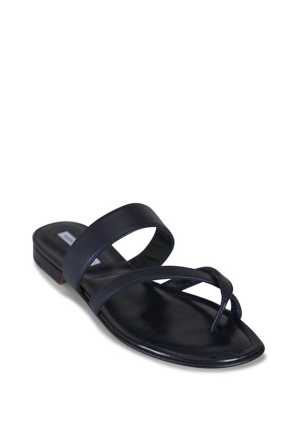 Manolo Blahnik Susa Navy Leather Flat Sandal