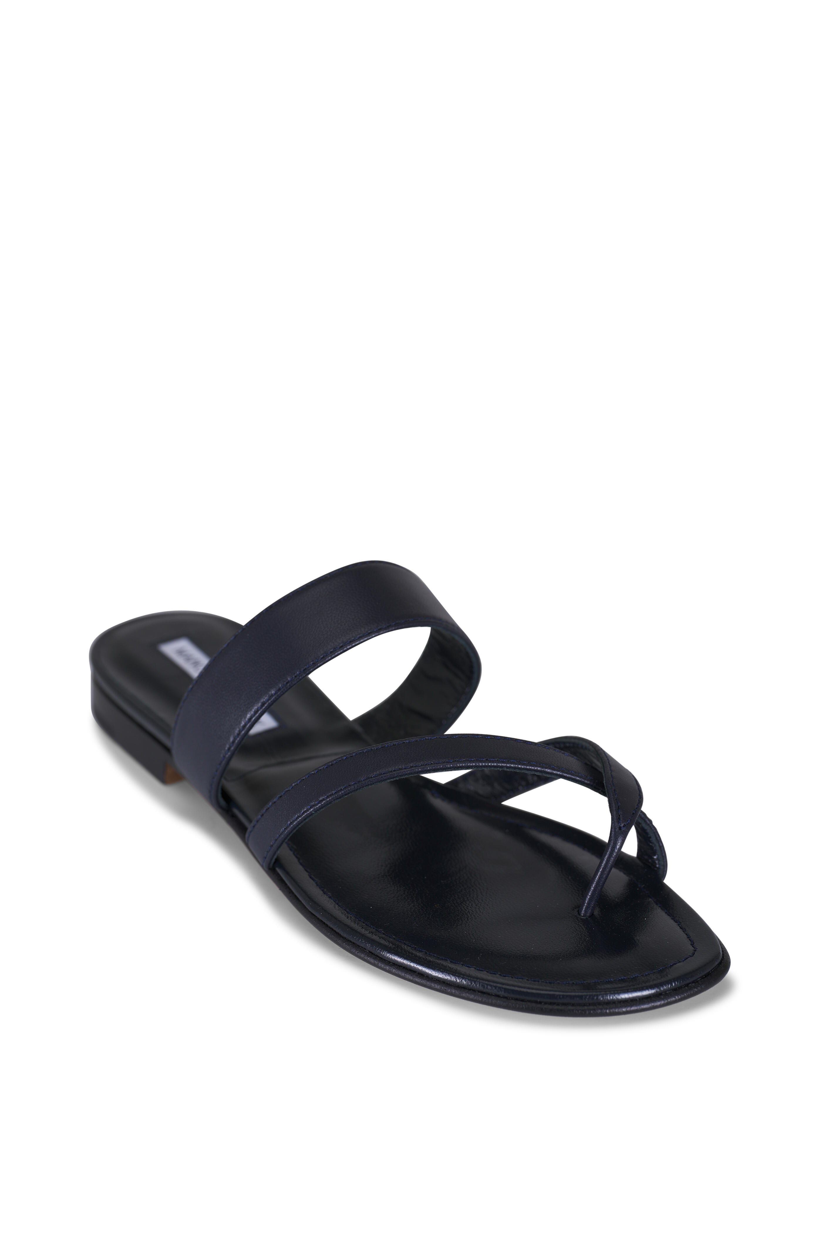 Manolo Blahnik - Susa Navy Leather Flat Sandal