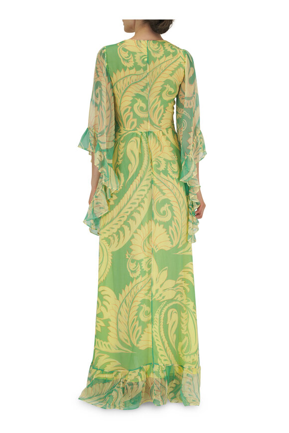 Etro - Green Printed Silk V-Neck Ruffle Sleeve Gown 