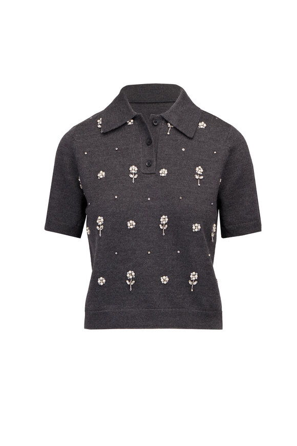 Tanya Taylor Camilla Gray Embroidered Knit Polo - view 1