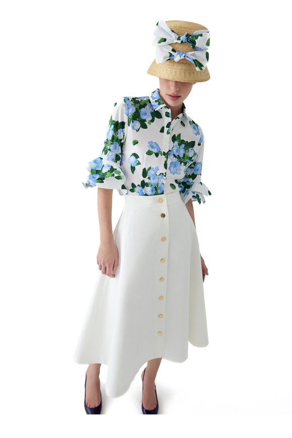 Carolina Herrera White & Blue Multi Rose Print Tiered Sleeve Top - view 4