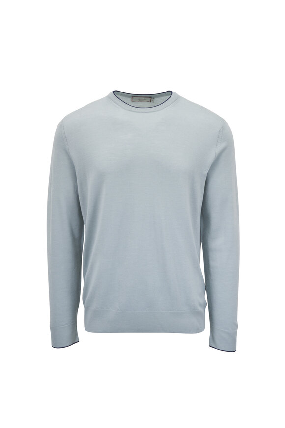 Canali Sage Tipped Wool Jersey Crewneck Sweater