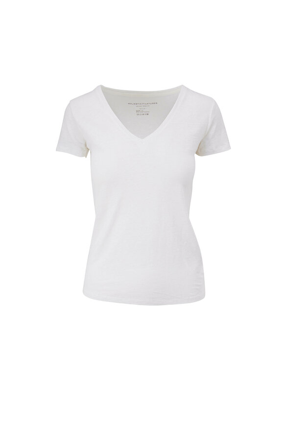 Majestic White Stretch Linen V-Neck T-Shirt