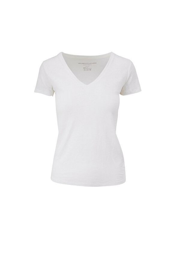 Majestic - White Stretch Linen V-Neck T-Shirt