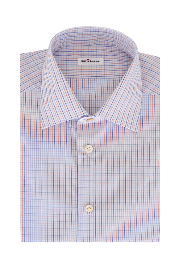 Kiton Orange & Blue Cotton Check Sport Shirt