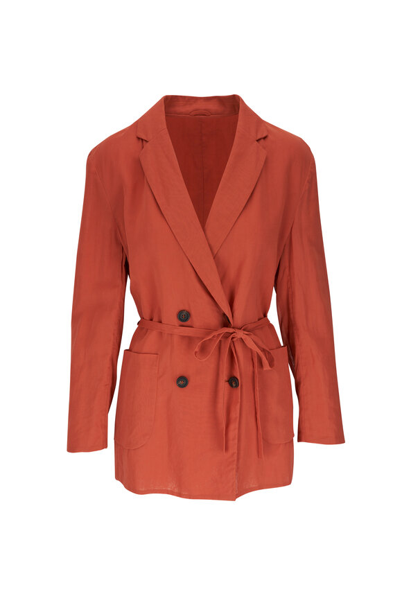 Brunello Cucinelli - Papaya Cotton Double-Breasted Belted Jacket 