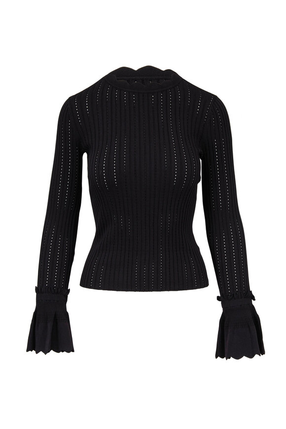 Jonathan Simkhai - Black Scallop Jewel Neck Bell Sleeve Top  