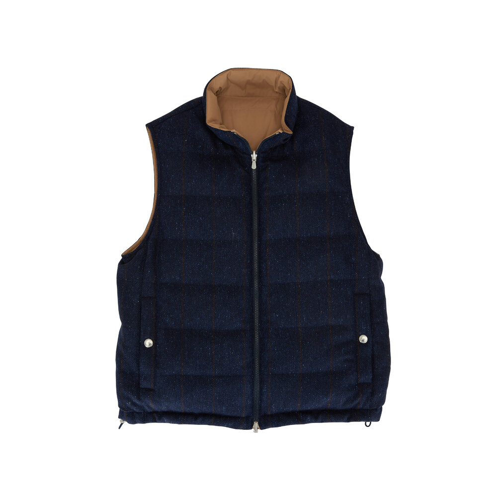 Brunello Cucinelli Navy Herringbone Wool Cashmere Reversible Vest