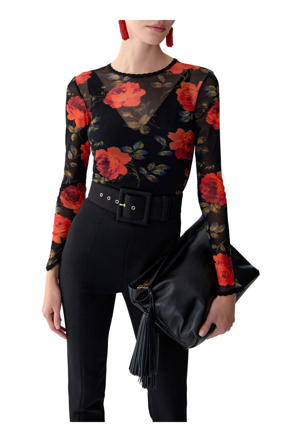 Carolina Herrera Black & Red Rose Print Mesh Top - view 4