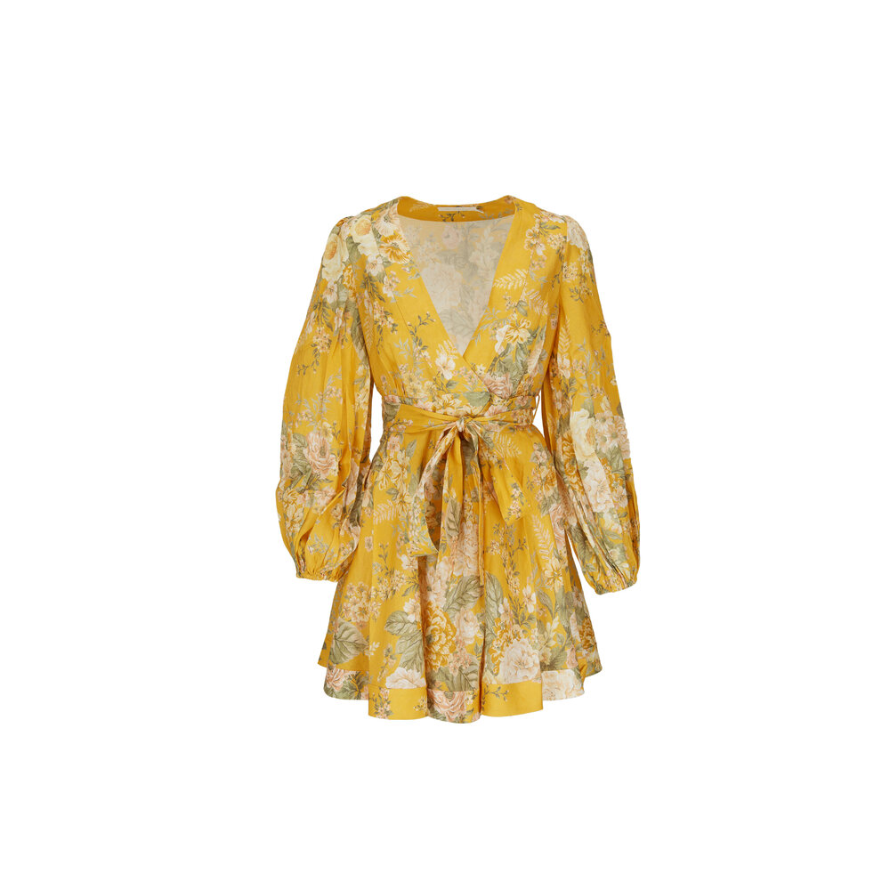 Zimmermann Amelie Yellow Floral Puff Sleeve Wrap Dress