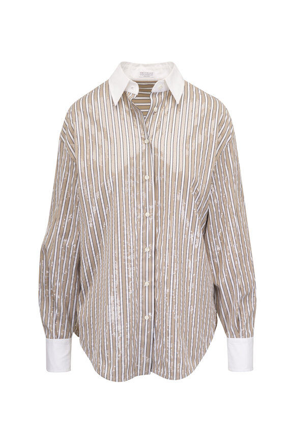 Brunello Cucinelli - Dazzling Stripes Beige & White Sequin Blouse