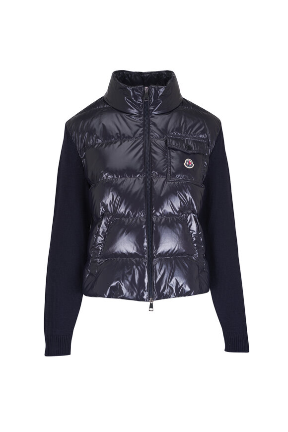 Moncler Navy Mixed Media Down Cardigan