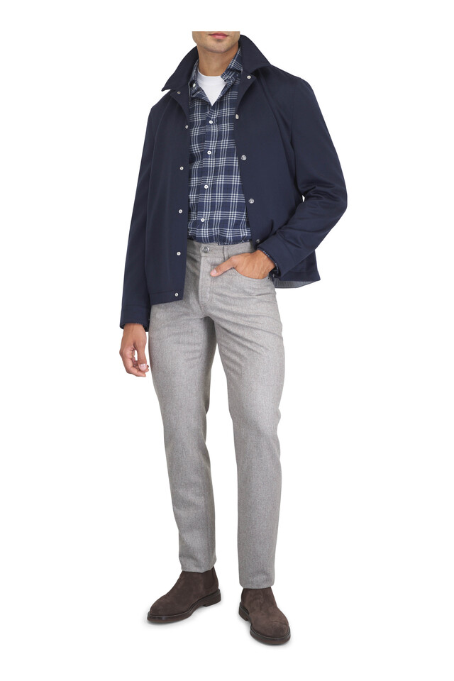 Brunello Cucinelli outfit featuring Dark Brown Oiled Suede Chelsea Boot, Navy Blue Featherweight Cashmere Jacket and 1 other piece