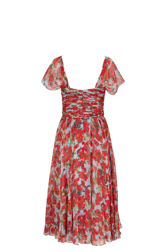 Carolina Herrera - Sky Blue & Red Floral Gathered Bustier Midi Dress