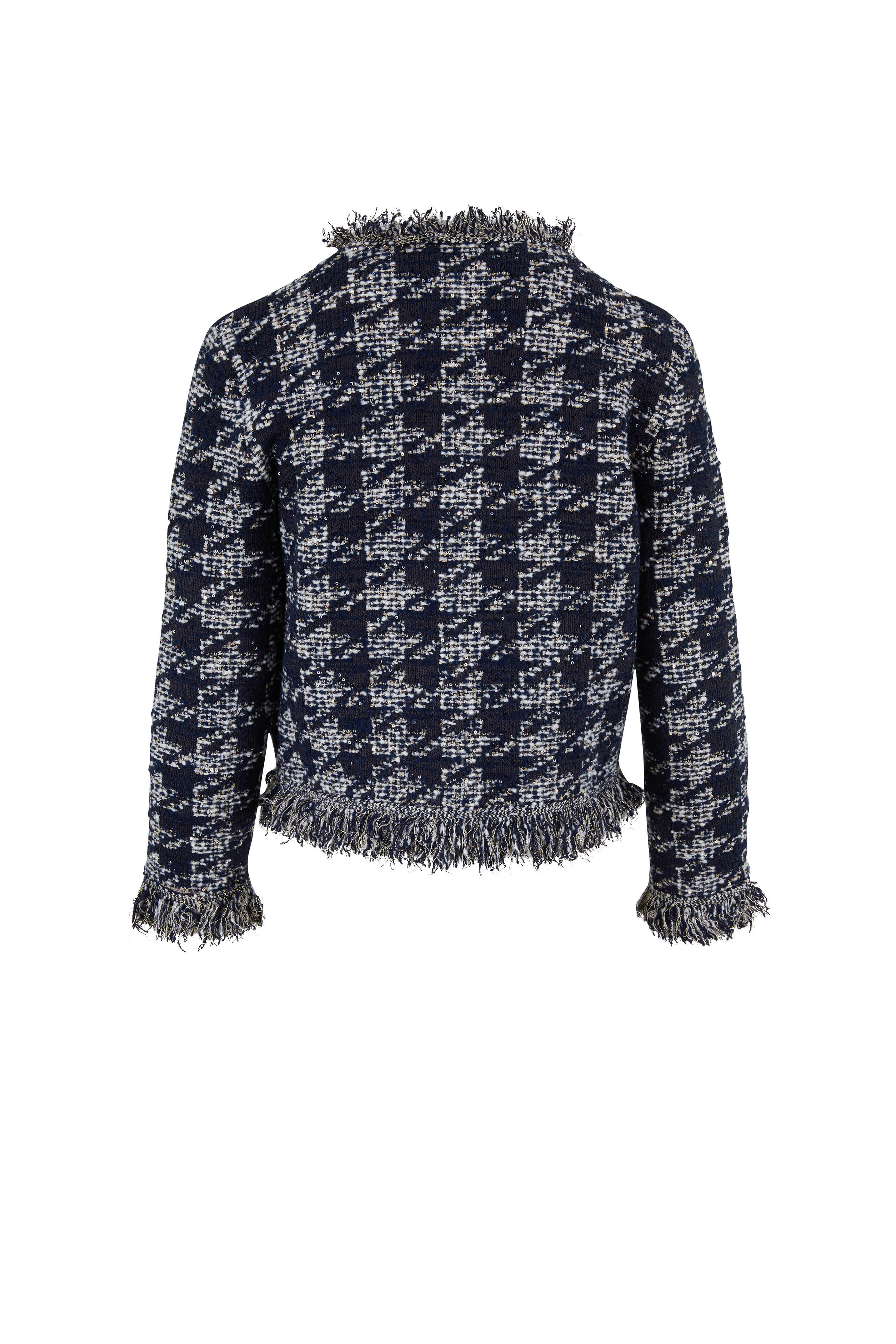 Oscar de la Renta - Navy Sequin Houndstooth Tweed Crop Jacket