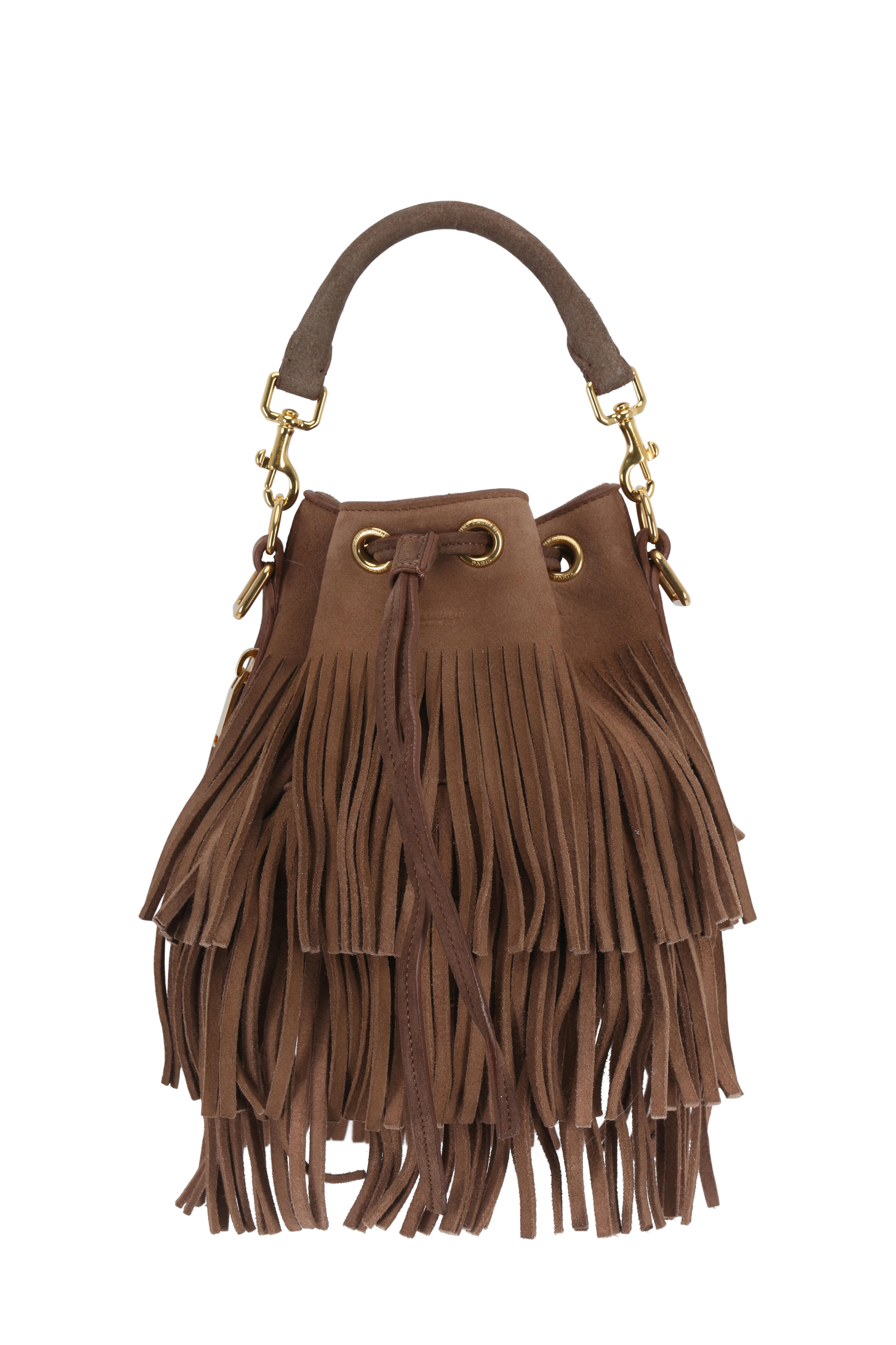 Saint Laurent Monogram Small Fringed Suede Crossbody Bag in Brown