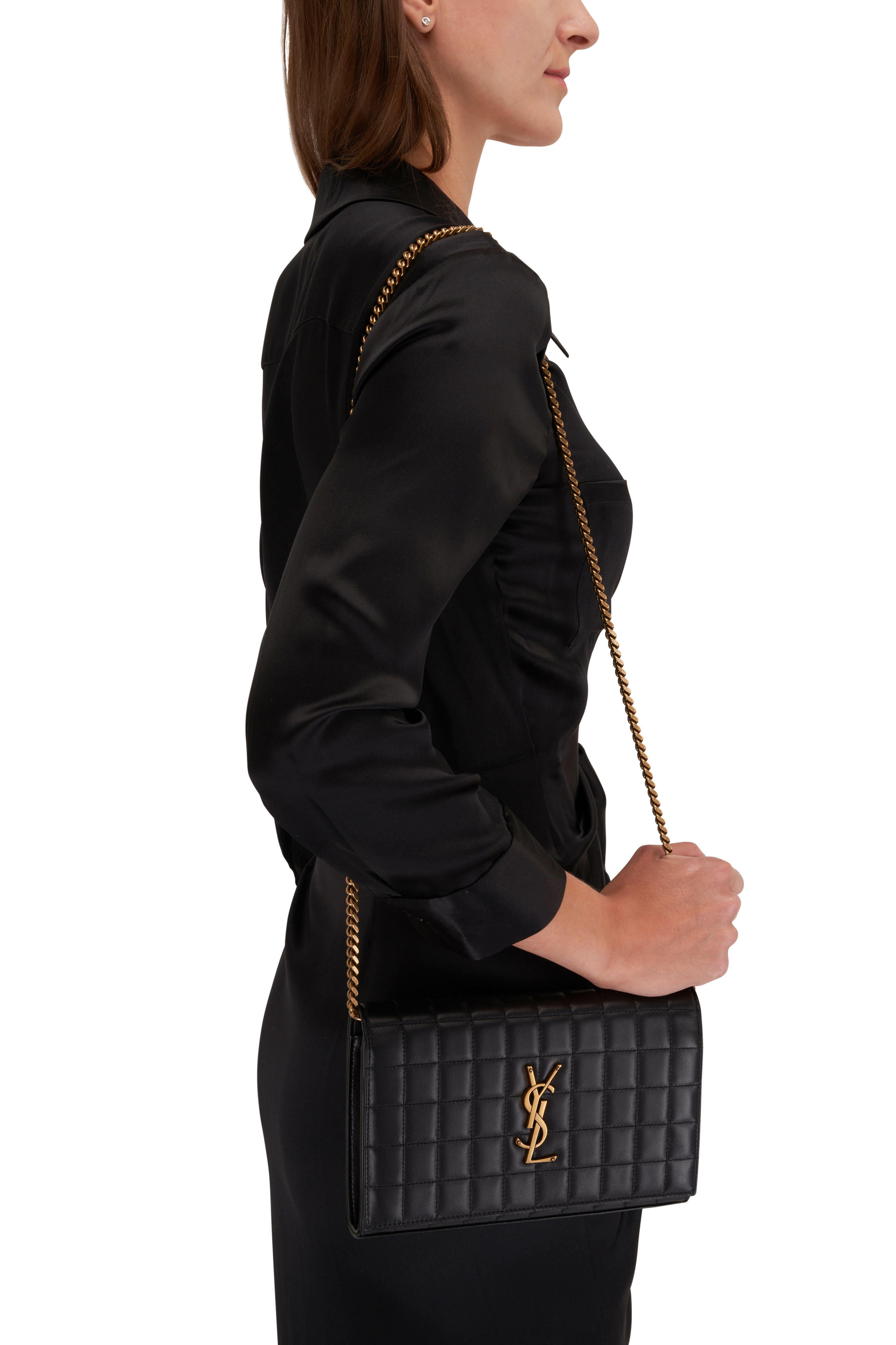 YVES SAINT LAURENT Cassandre Chain Wallet Leather Crossbody Bag Black