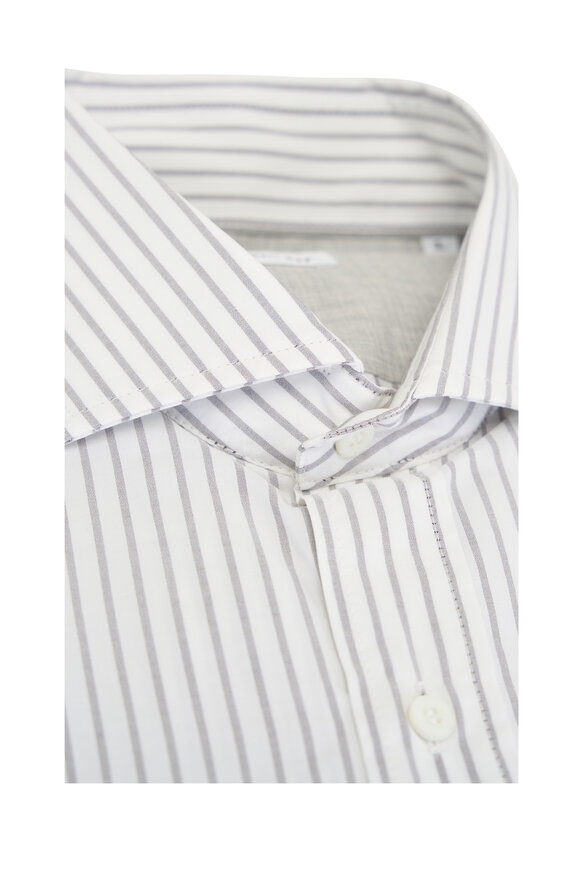 Brunello Cucinelli - White & Brown Wide Stripe Cotton Sport Shirt