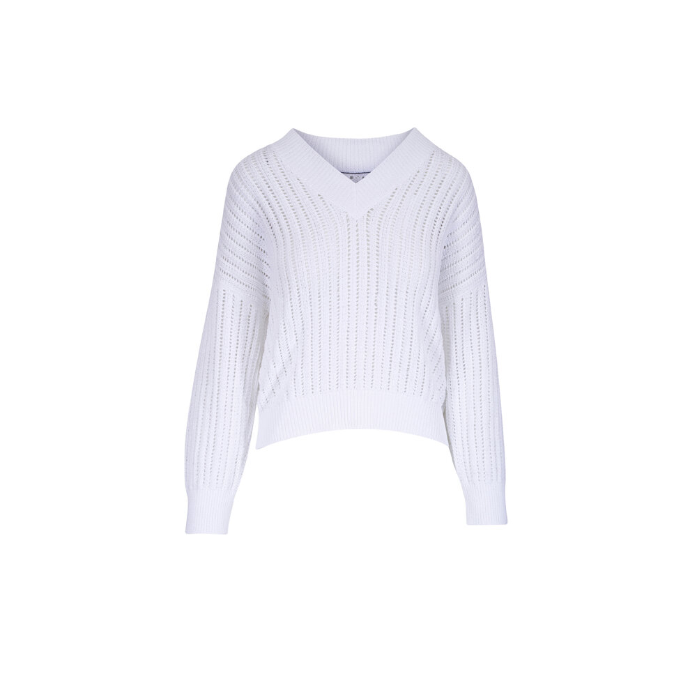Brunello Cucinelli - White Cotton V-Neck Sweater