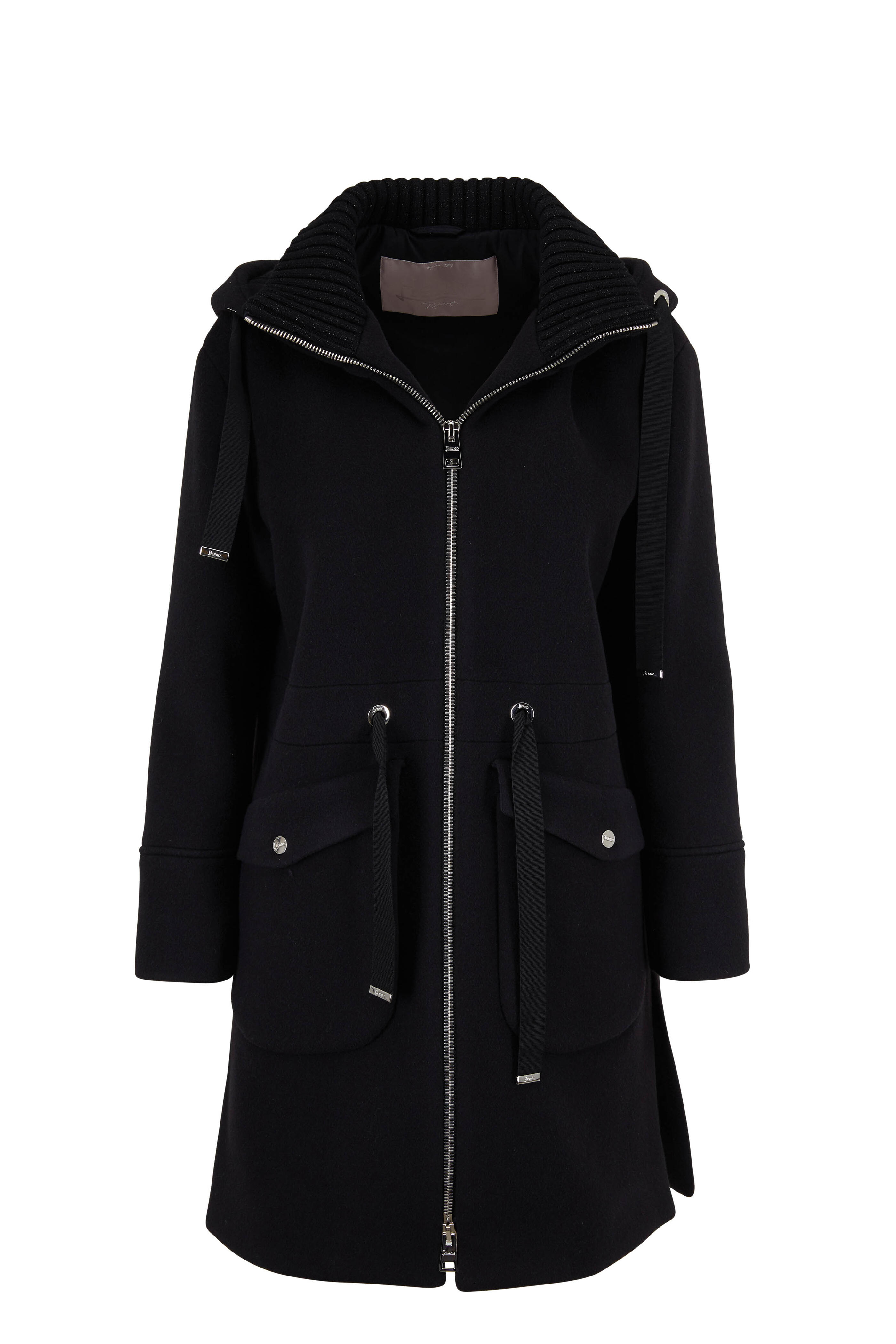 Herno - Duffle Black Wool & Cashmere Knit Collar Coat
