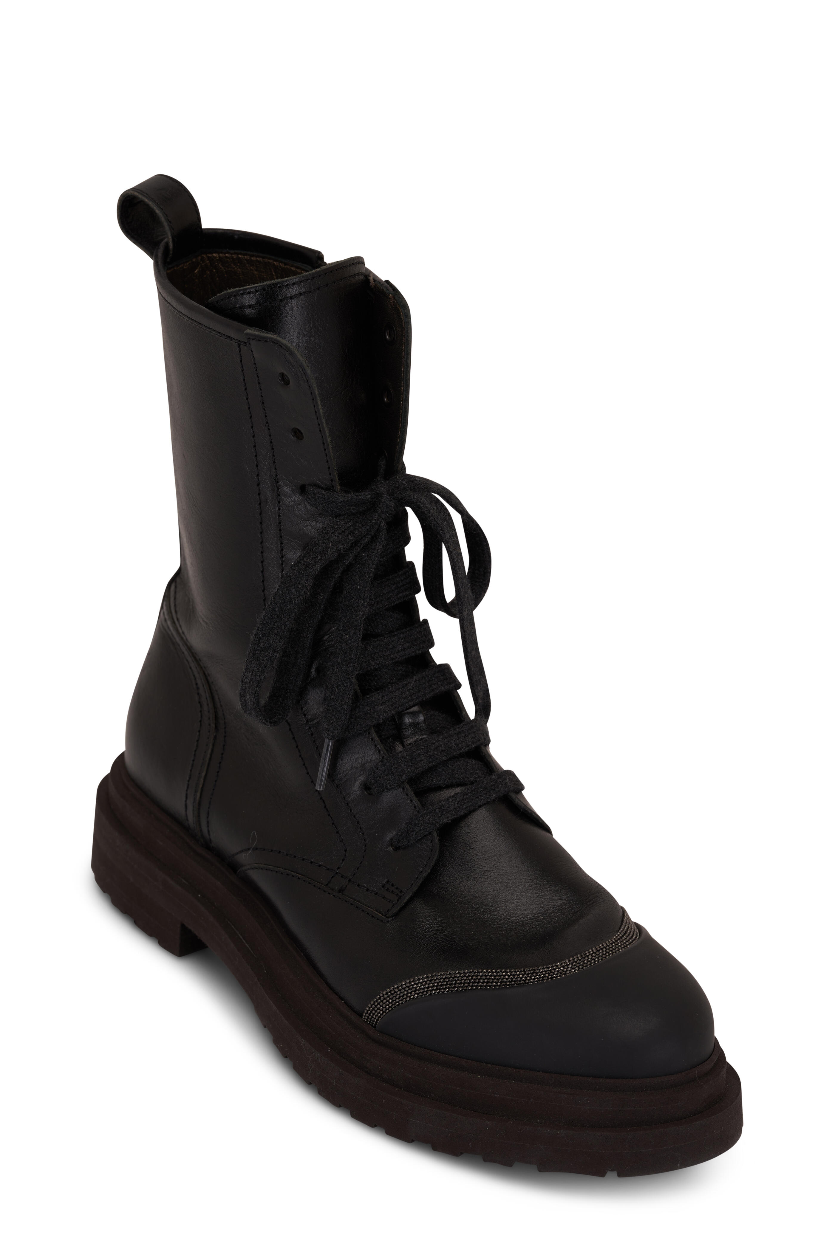 Brunello Cucinelli - Black Leather Lace Up Combat Boot