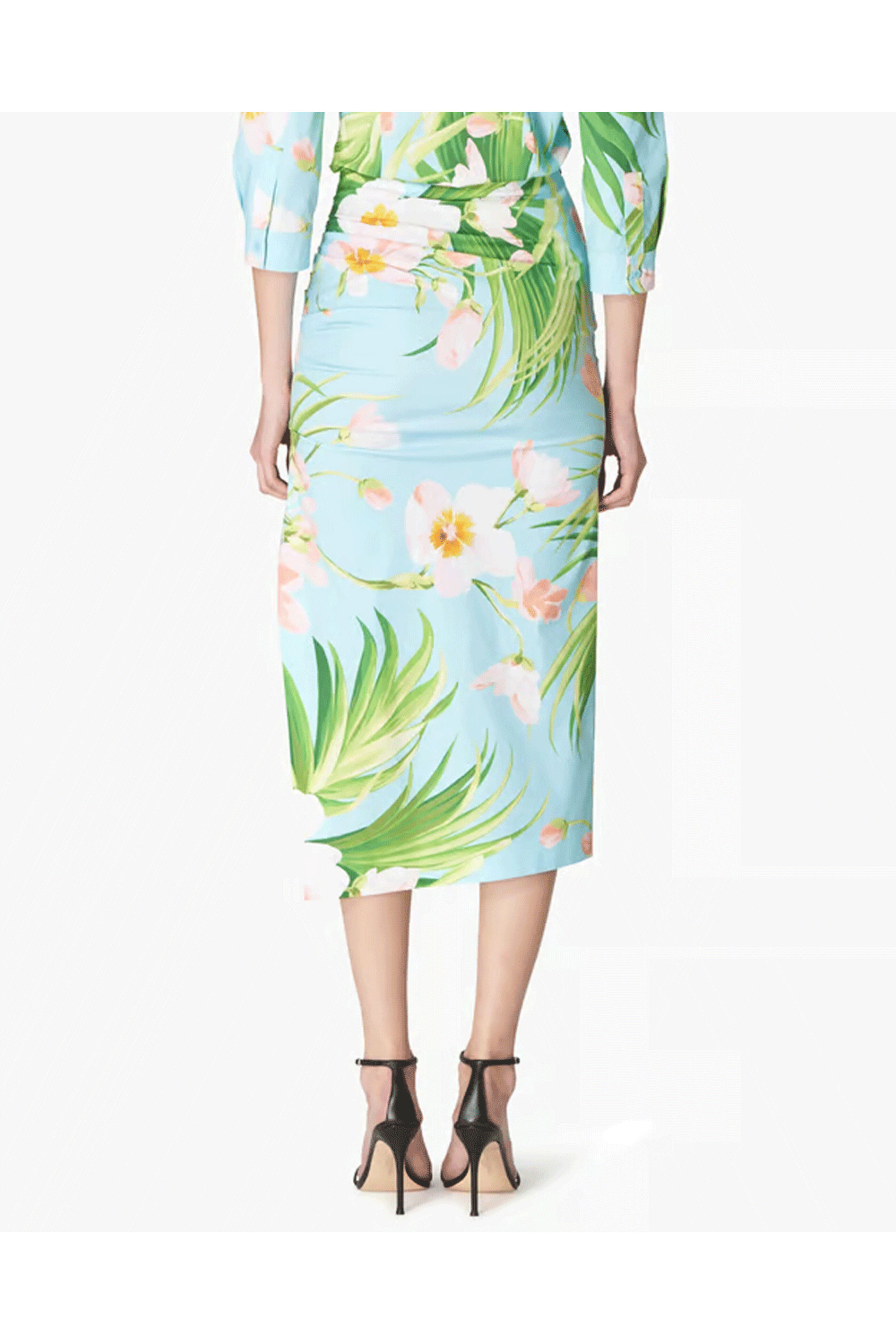 Carolina Herrera - Aquamarine Tropical Print Ruched Pencil Skirt
