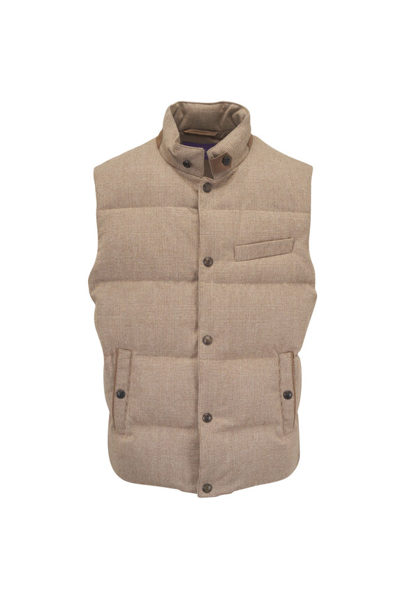 Ralph Lauren Purple Label Light Brown Glen Plaid Wool Down Vest