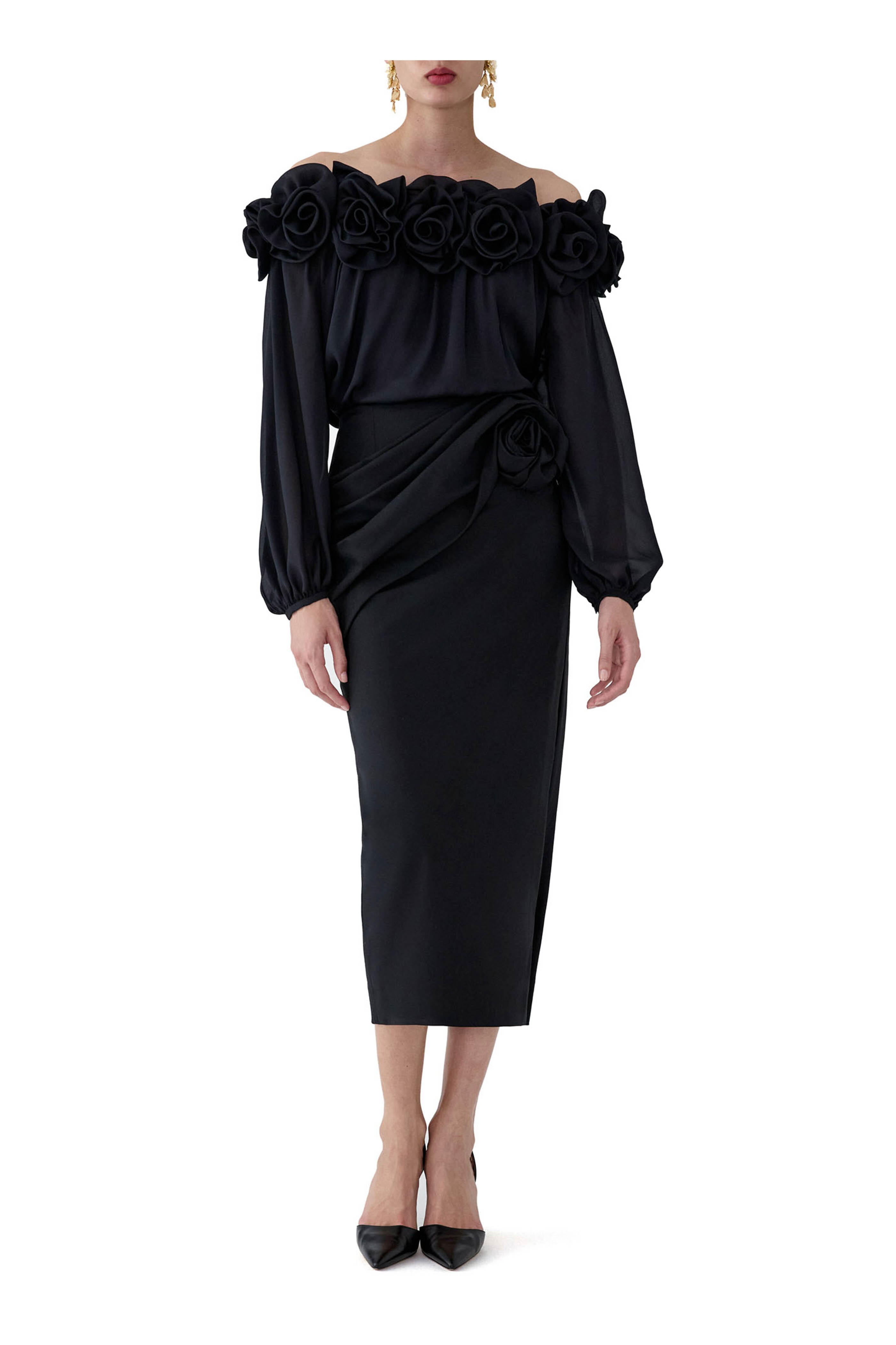 Carolina Herrera - Black Flower Silk Off-The-Shoulder Top - view 2
