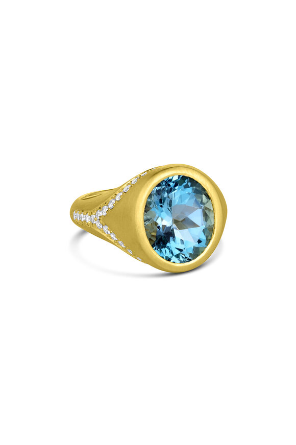 Leigh Maxwell 18k Yellow Gold Aquamarine & Diamond Bezel Ring