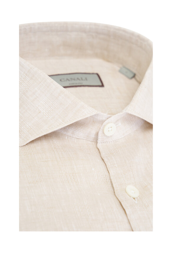 Canali - Tan Solid Quadratic Jacquard Linen Sport Shirt