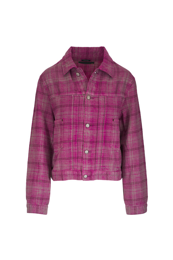 R13 Muted Pink Plaid Relaxed Pleated Trucker Jacket