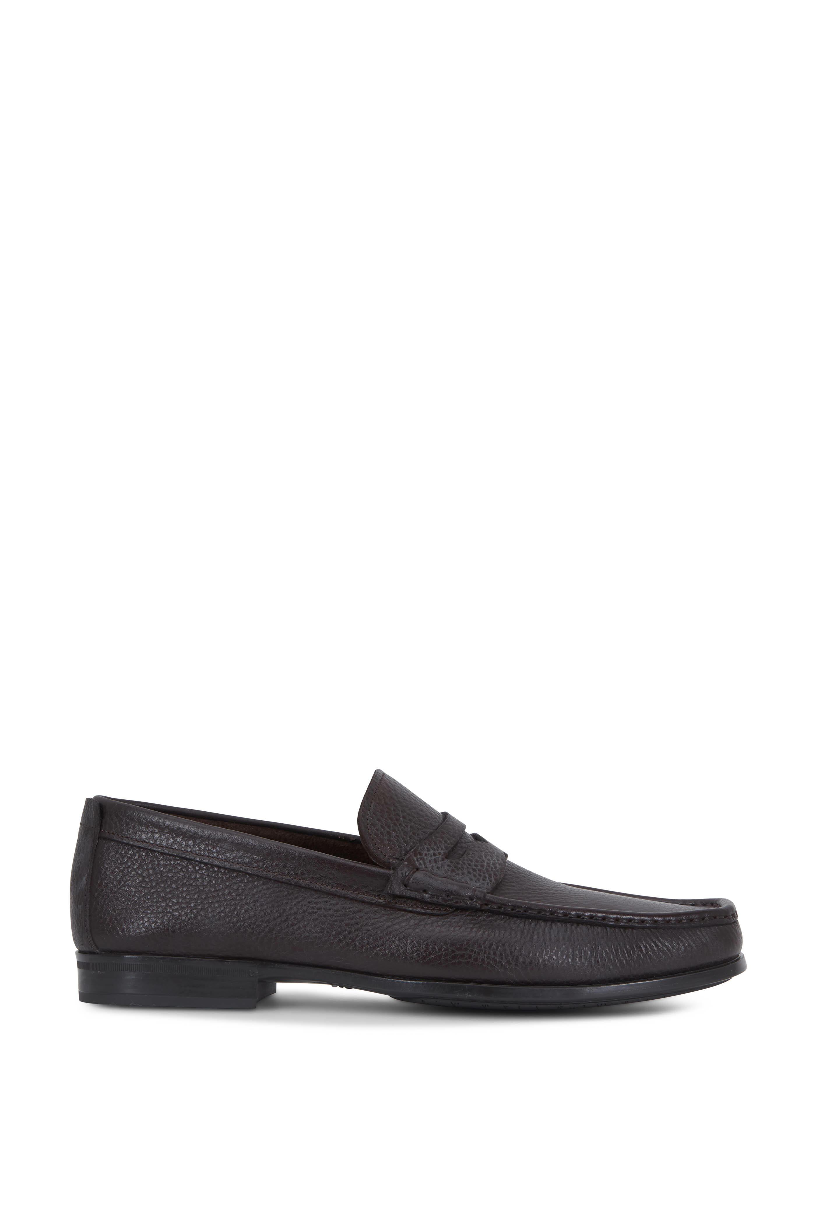 Santoni - Holt Dark Brown Grained Leather Penny Loafer