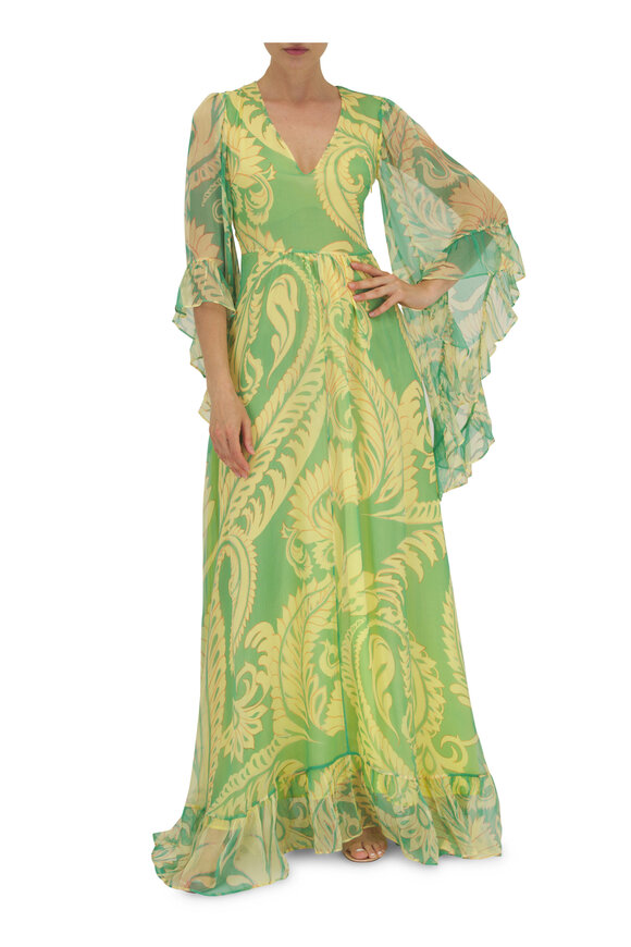 Etro - Green Printed Silk V-Neck Ruffle Sleeve Gown 