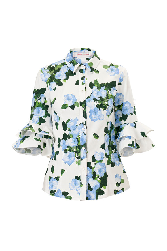 Carolina Herrera White & Blue Multi Rose Print Tiered Sleeve Top - view 6