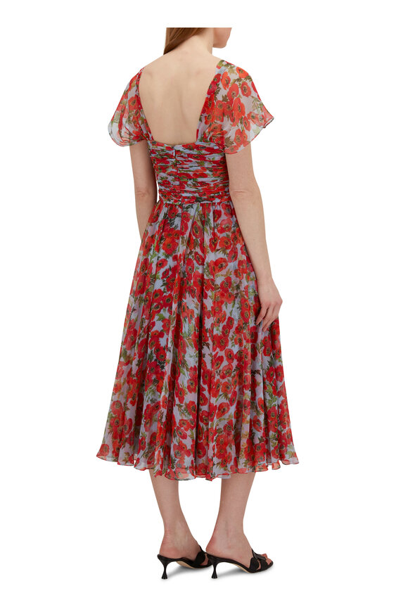 Carolina Herrera - Sky Blue & Red Floral Gathered Bustier Midi Dress