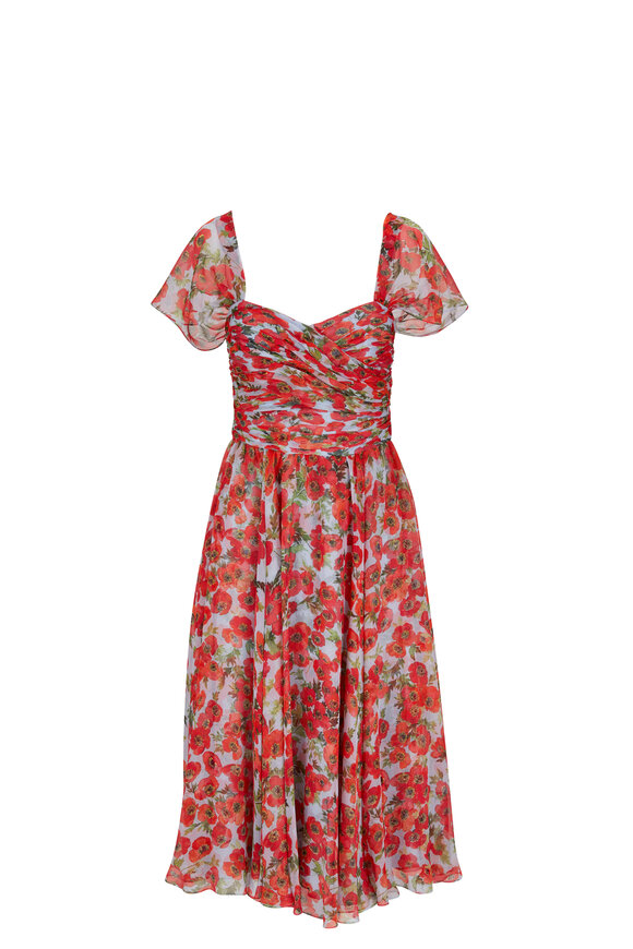 Carolina Herrera - Sky Blue & Red Floral Gathered Bustier Midi Dress