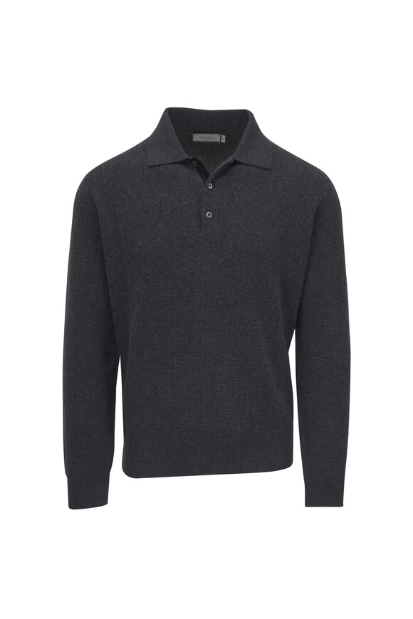 Canali Gray Textured Wool & Cashmere Long Sleeve Polo