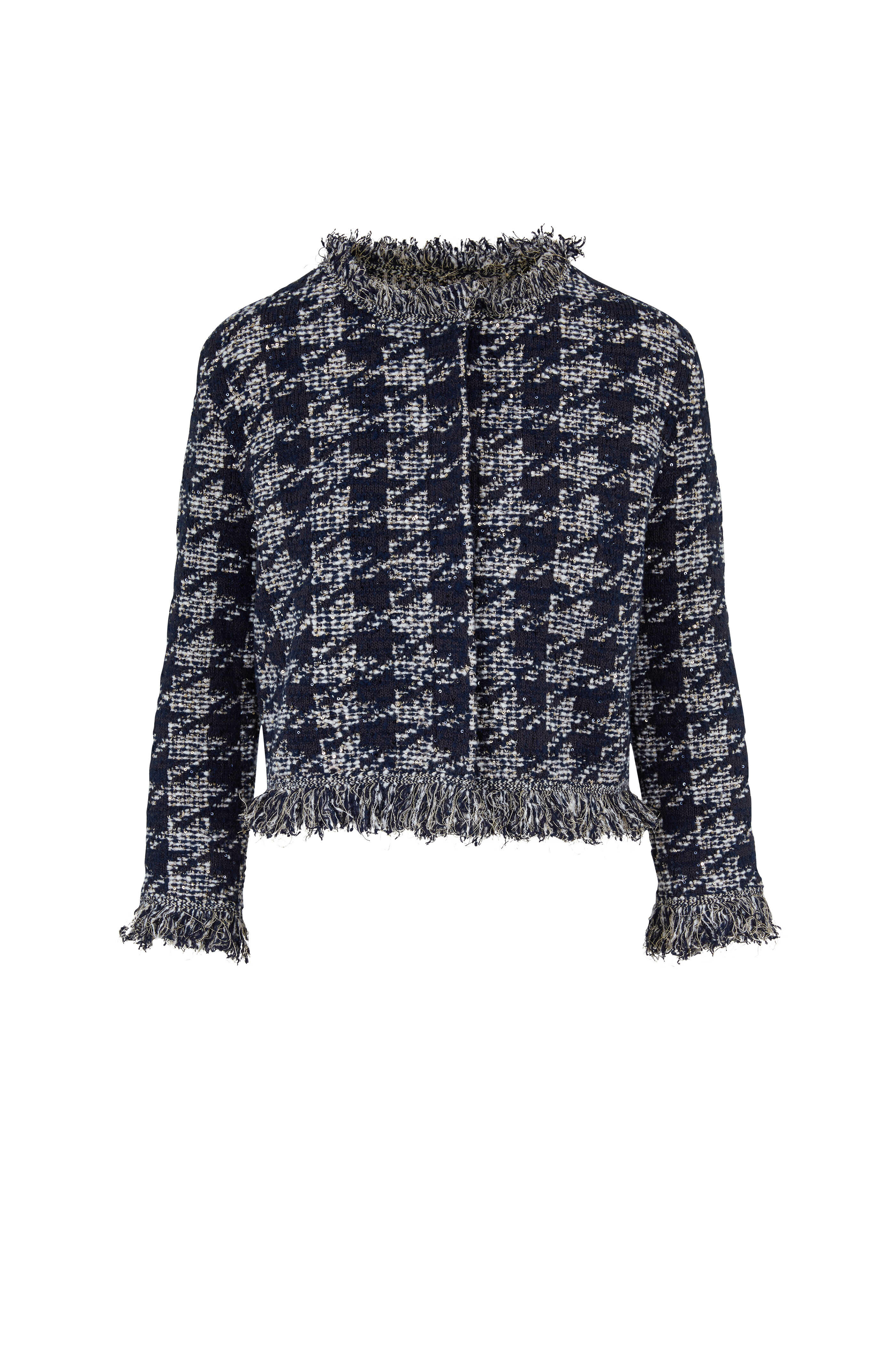 Oscar de la Renta - Navy Sequin Houndstooth Tweed Crop Jacket