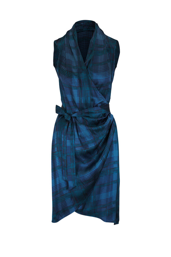 Kiton Light & Dark Blue Print Sleeveless Silk Wrap Dress - view 1