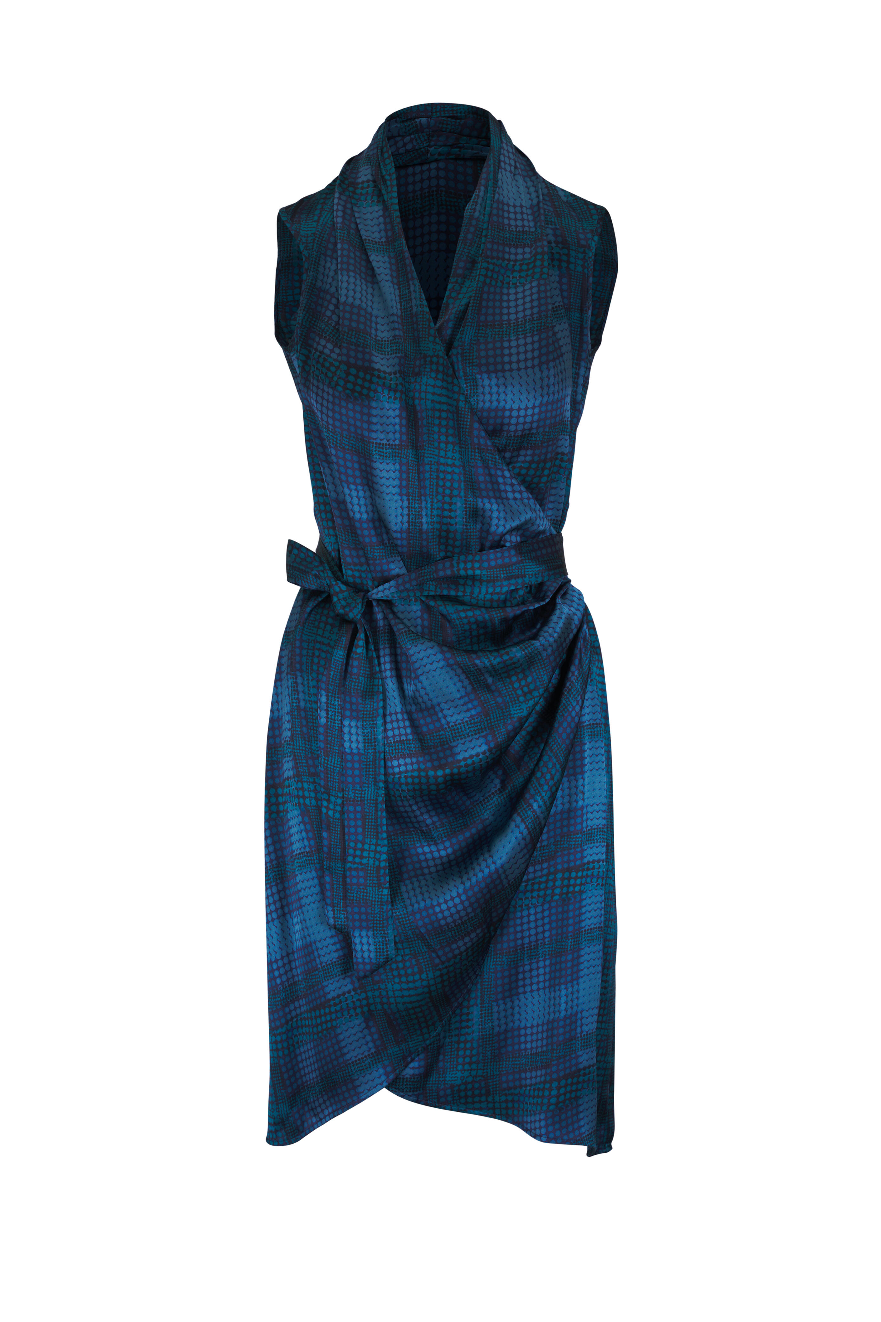Kiton - Light & Dark Blue Print Sleeveless Silk Wrap Dress - view 1