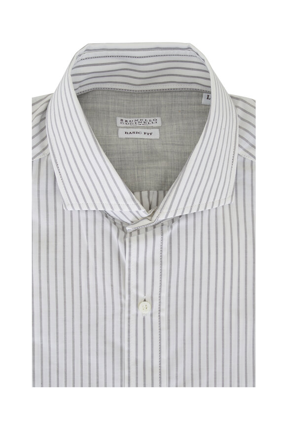 Brunello Cucinelli White & Brown Wide Stripe Cotton Sport Shirt