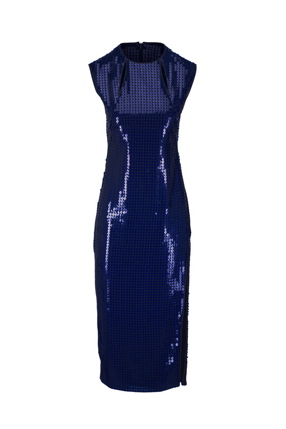 Akris Navy Lucid Sequin Midi Sheath Dress