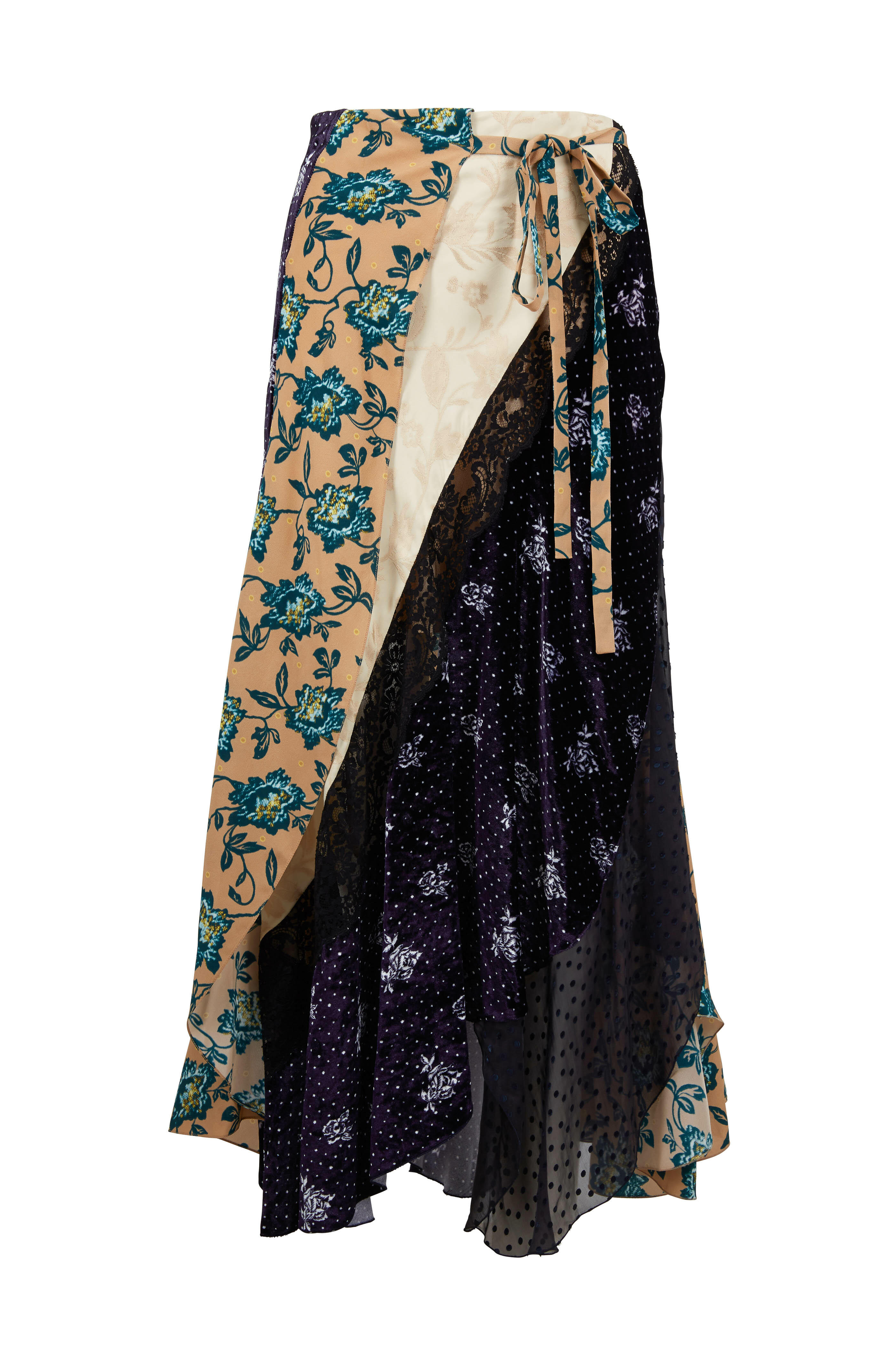 Chloé - Beige & Blue Mixed Media Silk Flower Print Skirt