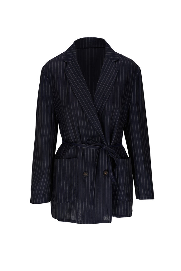 Brunello Cucinelli Navy Blue Pin Stripe Cotton Gauze Belted Jacket 