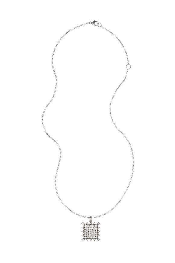 Nam Cho - White Gold White Diamond Square Pendant Necklace