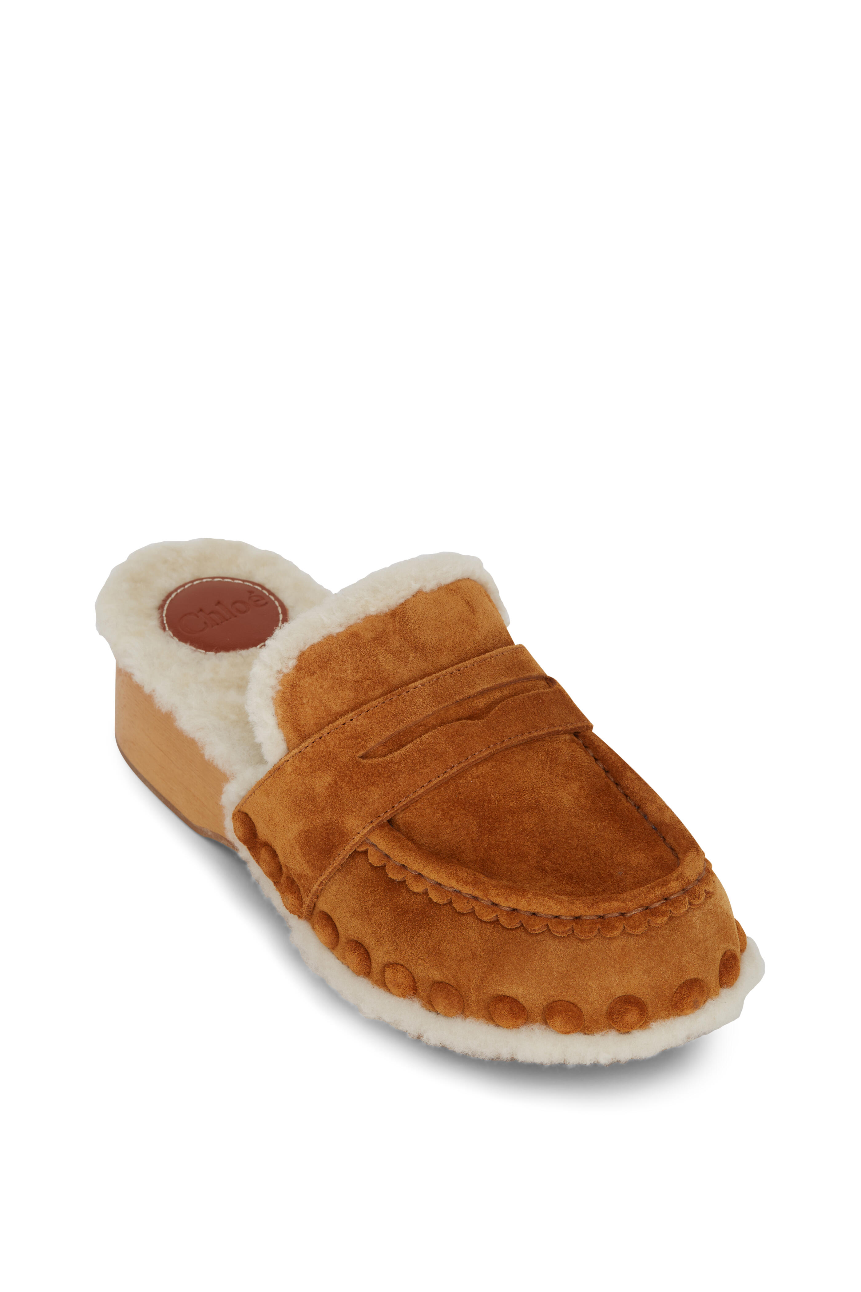 Chloé - Joy Cognac Suede Shearling Lined Clog | Mitchell Stores