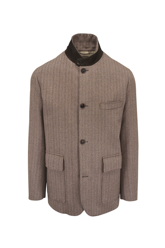 Loro Piana Chocolate Herringbone Silk Roadster Jacket